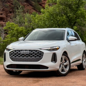 A white Audi Q5 parked on some dirt next to some trees