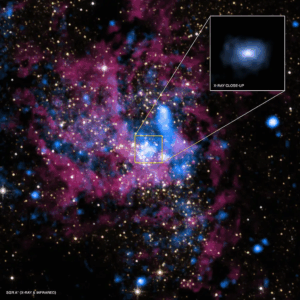 Image of a dense cluster of blue speckles embedded in a more diffuse pink glow on a black background. These are the dust (pink) and stars (blue) at the center of our galaxy.