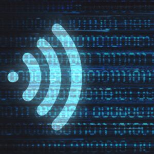 Illustration of a Wi-Fi symbol on a background of ones and zeroes to represent Internet data.
